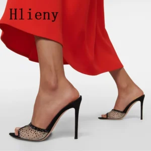 Hlieny New Sexy Pointed Toe Crystal Slippers Summer Sandals Fashion Peep Toe Slip On High Heels Slides Women Mules Party Shoes