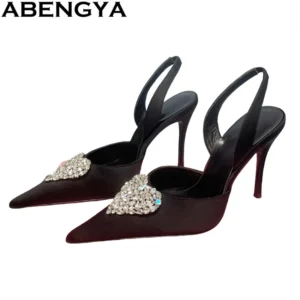 Heart-shaped Crystal Inlay Pointy Toe High Heels Sandals Women Sexy Gladiator Sandals Woman Summer Satin Dress Party Shoes Mujer